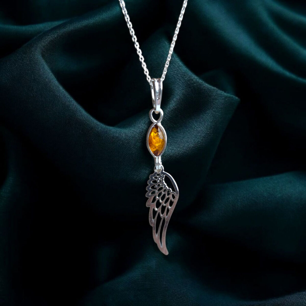 Guardian Angel Wing Honey Amber Silver Pendant - Image 2