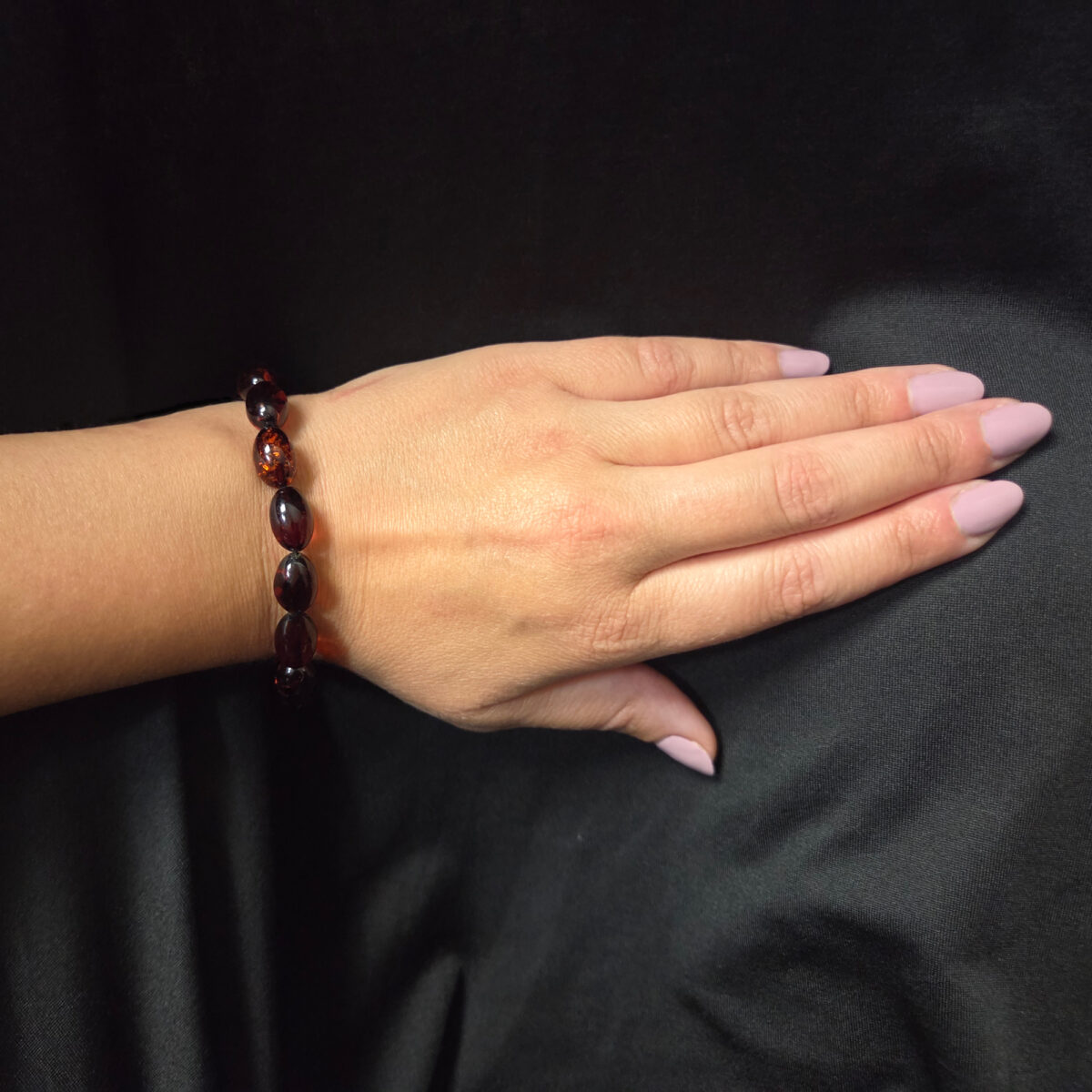 Natural Cherry Baltic Amber Gemstone Bracelet for Men Women, Everyday Large Red Black Amber Olive Elastic Eco Jewelry Gift for Wife Mother