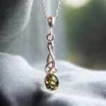 Celtic Green Baltic Amber Gemstone Stone Teardrop Silver Pendant, Irish Jewelry Gift Necklace Women, Large Long Green Crystal Drop Charm