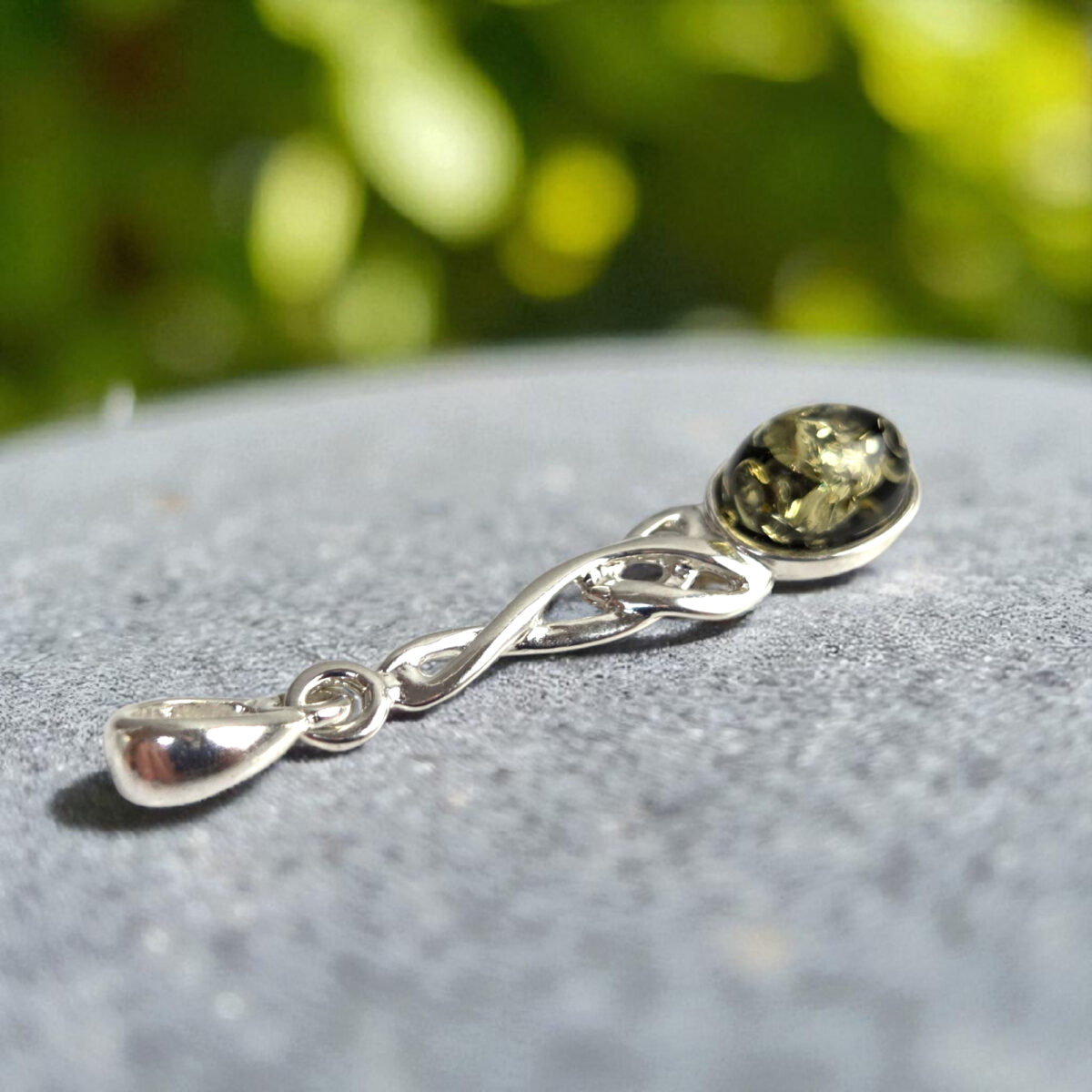 Celtic Green Baltic Amber Gemstone Stone Teardrop Silver Pendant, Irish Jewelry Gift Necklace Women, Large Long Green Crystal Drop Charm