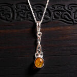 Celtic Natural Honey Baltic Amber Gemstone Stone Teardrop Silver Pendant, Irish Jewelry Gift Necklace Women, Large Long Crystal Drop Charm