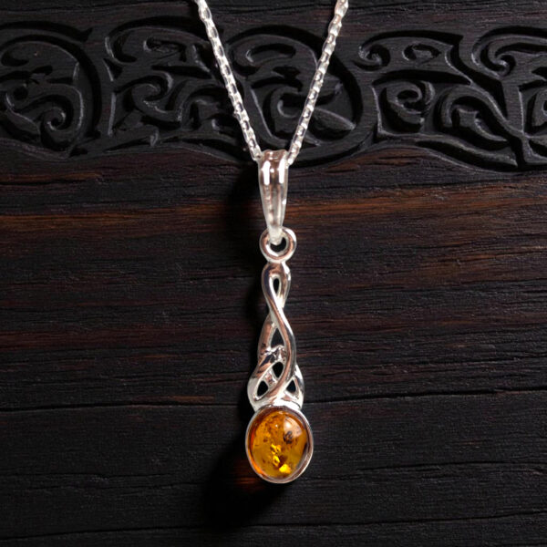 Celtic Natural Honey Baltic Amber Gemstone Stone Teardrop Silver Pendant, Irish Jewelry Gift Necklace Women, Large Long Crystal Drop Charm
