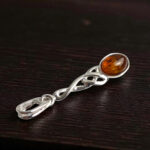 Celtic Natural Honey Baltic Amber Gemstone Stone Teardrop Silver Pendant, Irish Jewelry Gift Necklace Women, Large Long Crystal Drop Charm