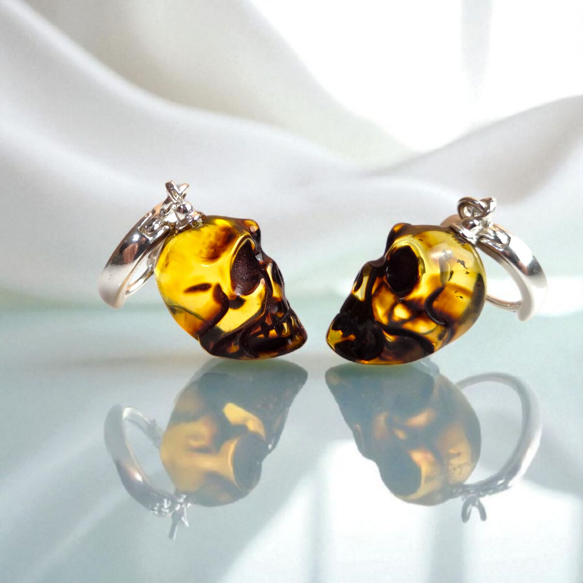 Baltic Amber Skull Drop Earrings Silver, Halloween Gothic Natural Amber Teardrop Jewellery Men Women Witches, Witchy Spooky Gift