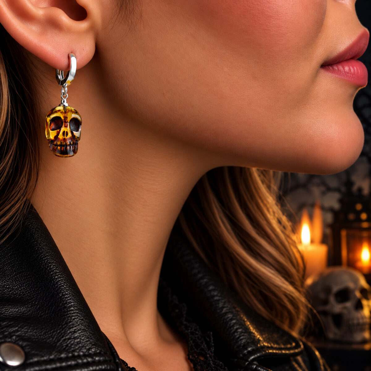 CARVED Baltic Amber Skull Drop Earrings Silver, Halloween Gothic Natural Amber Teardrop Jewellery Men Women Witches, Witchy Spooky Gift