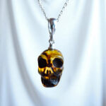 CARVED Baltic Amber Skull Pendant Necklace Silver, Halloween Gothic Natural Amber Teardrop Jewellery Men Women Witches, Witchy Spooky Gift