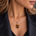 CARVED Baltic Amber Skull Pendant Necklace Silver, Halloween Gothic Natural Amber Teardrop Jewellery Men Women Witches, Witchy Spooky Gift