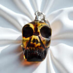 CARVED Baltic Amber Skull Pendant Necklace Silver, Halloween Gothic Natural Amber Teardrop Jewellery Men Women Witches, Witchy Spooky Gift