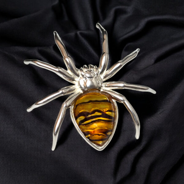 Adjustable Spider Ring Baltic Amber Sterling Silver for Men Women, Large Gemstone Spiders Lover Gift, Arachnid Gifts, Natural Amber