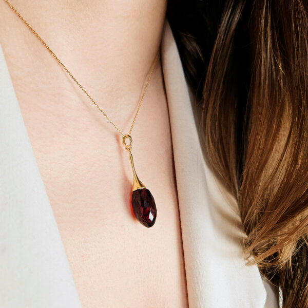 Black Cherry Baltic Amber Teardrop Pendant Silver Gold Necklace Gift Women, Faceted Natural Large Red Gemstone Gold Long Drop Charm Jewelry