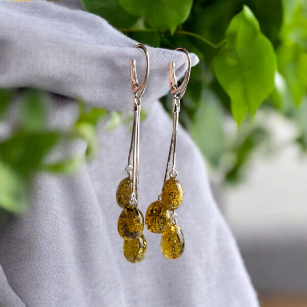Natural Green Baltic Amber Silver Drop Teardrop Earrings Gemstone Gift Women, Real Amber Long Large Green Stone Earring Jewellery