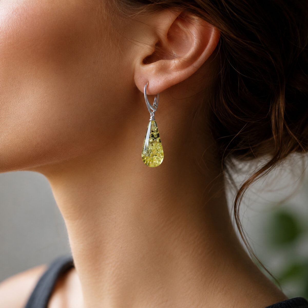 Green Natural Baltic Amber Teardrop Earrings Silver, Small Long Gemstone Drop Classic Green Stone Everyday Jewellery