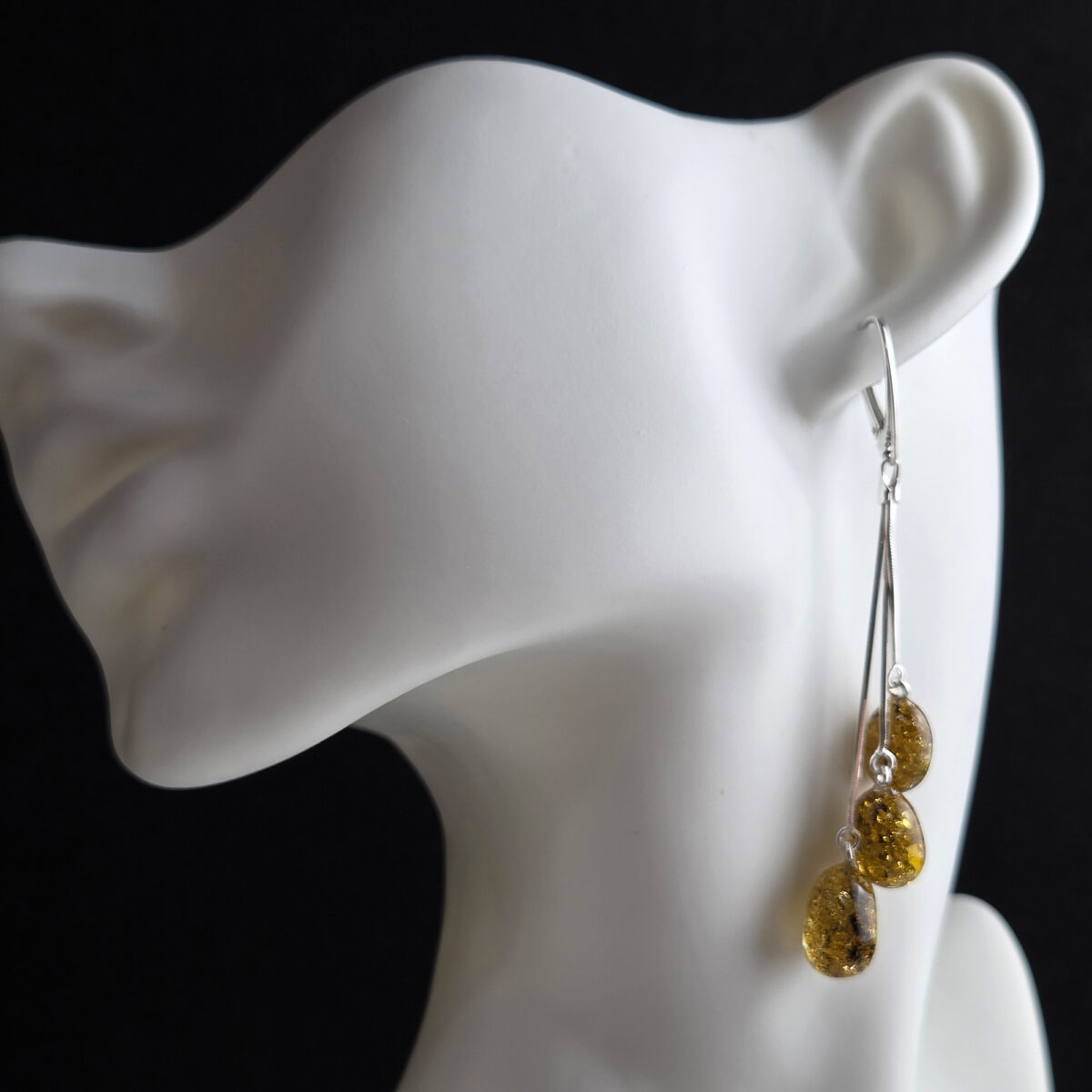Green-Natural-Baltic-Amber-Silver-Earrings-Long-Dangle-Natutal-Gemstone-Green-Stone-Irish-Jewellery-Women Green Amber Olive Swing Earrings - Image 2