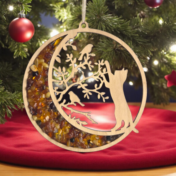 Christmas Tree Decor Ornament Baltic Amber Cat Mandala Charm Suncatcher Window Meditation Gift Crystal Dreamcatcher Amber Art Wood Gemstone