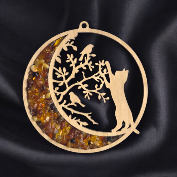 Christmas Tree Decor Ornament Baltic Amber Cat Mandala Charm Suncatcher Window Meditation Gift Crystal Dreamcatcher Amber Art Wood Gemstone