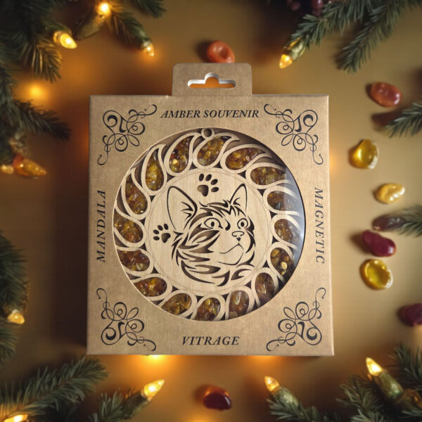 Christmas Tree Decor Ornament Baltic Amber Cat Mandala Charm Suncatcher Window Meditation Gift Crystal Dreamcatcher Amber Art Wood Gemstone