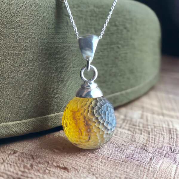 Round Baltic Amber Pendant Gemstone Silver Teardrop Gift, Large Sphere Drop Necklace Women, Celestial Amber Jewelry Ball Charm