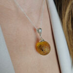 Round Baltic Amber Pendant Gemstone Silver Teardrop Gift, Large Sphere Drop Necklace Women, Celestial Amber Jewelry Ball Charm