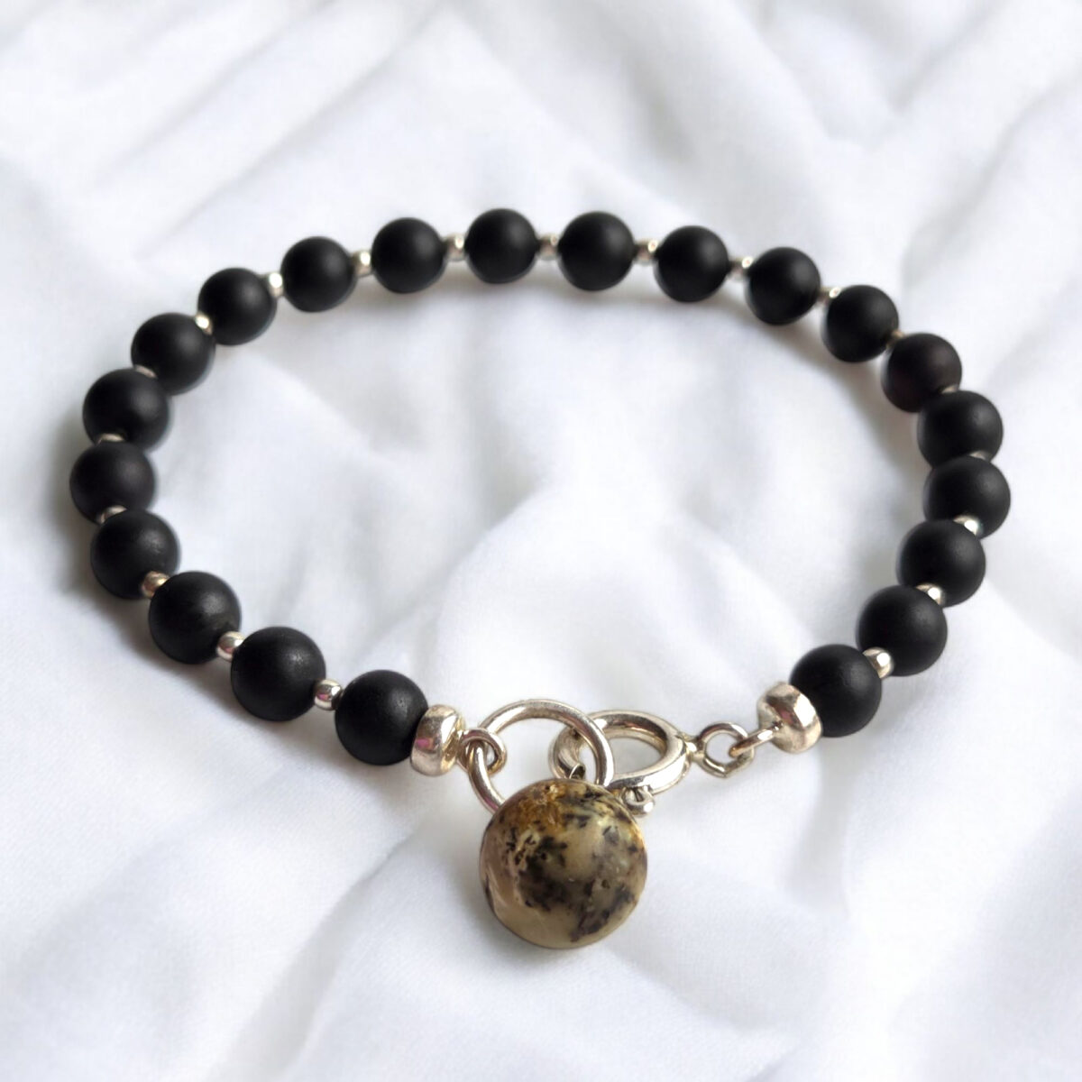 Black Cherry Baltic Amber Charm Silver Drop Pendant Necklace, Dainty Small Marble Round Gemstone Minimalist Jewelry Set Women