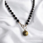 Black Cherry Baltic Amber Charm Silver Drop Pendant Necklace, Dainty Small Marble Round Gemstone Minimalist Jewelry Set Women