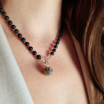 Black Cherry Baltic Amber Charm Silver Drop Pendant Necklace, Dainty Small Marble Round Gemstone Minimalist Jewelry Set Women