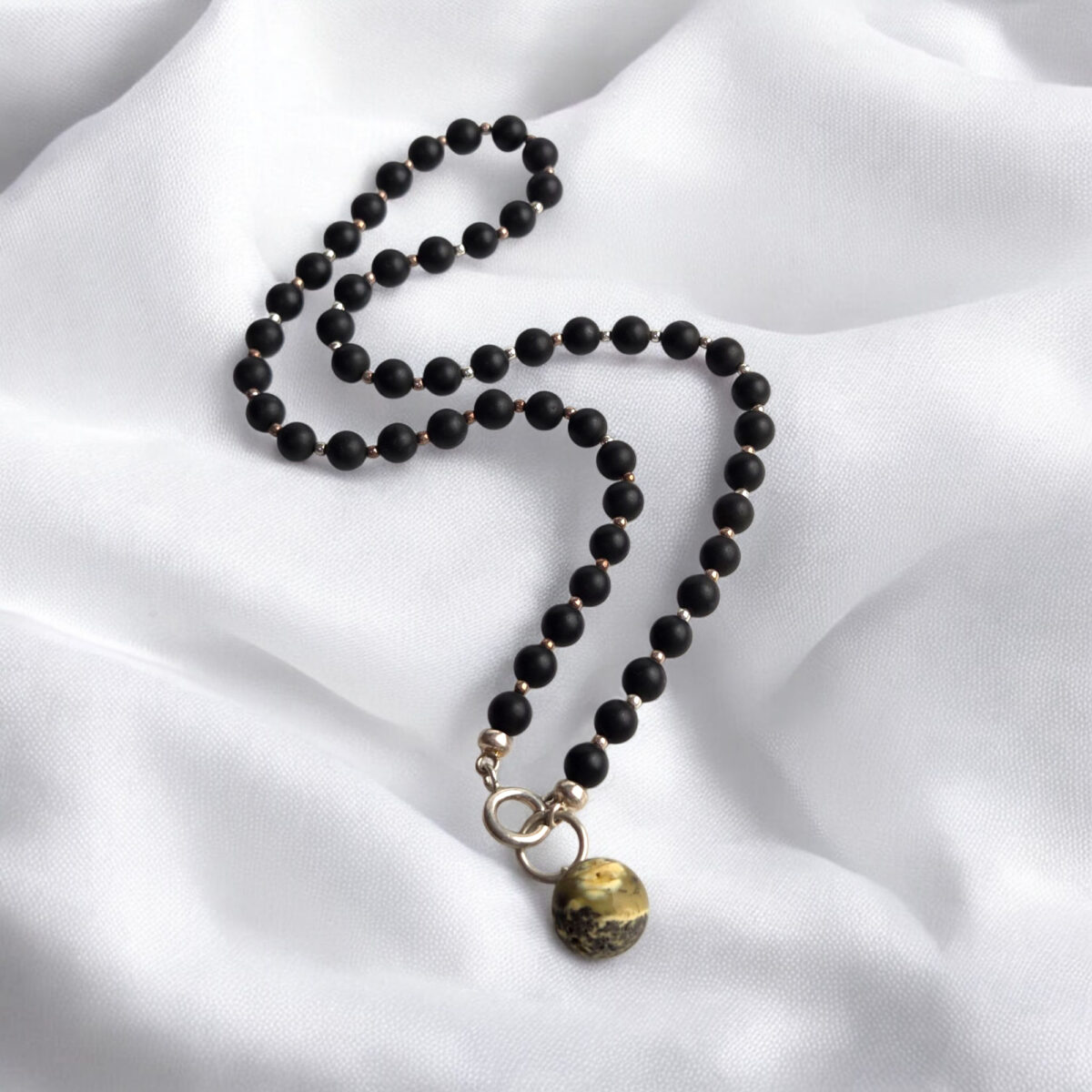 Black Cherry Baltic Amber Charm Silver Drop Pendant Necklace, Dainty Small Marble Round Gemstone Minimalist Jewelry Set Women