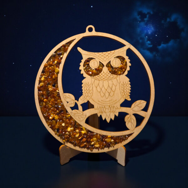Christmas Decor Baltic Amber Mandala Ornament Owl Gift Suncatcher, Owl Charm Crystal Dreamcatcher Art Wood, Gemstone Large Owl Lover Gifts
