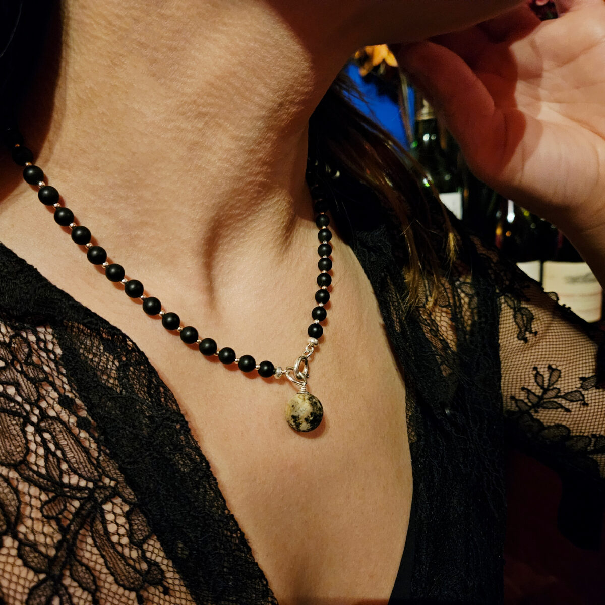 Black Marble Amber Charm Silver Necklace - Image 2