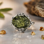 Large Green Baltic Amber Ring Silver, Natural Gemstone Stone Rings for Women Wife Mother, Vintage Chunky Amber Jewellery