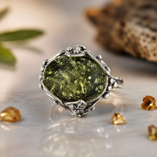 Large Green Baltic Amber Ring Silver, Natural Gemstone Stone Rings for Women Wife Mother, Vintage Chunky Amber Jewellery