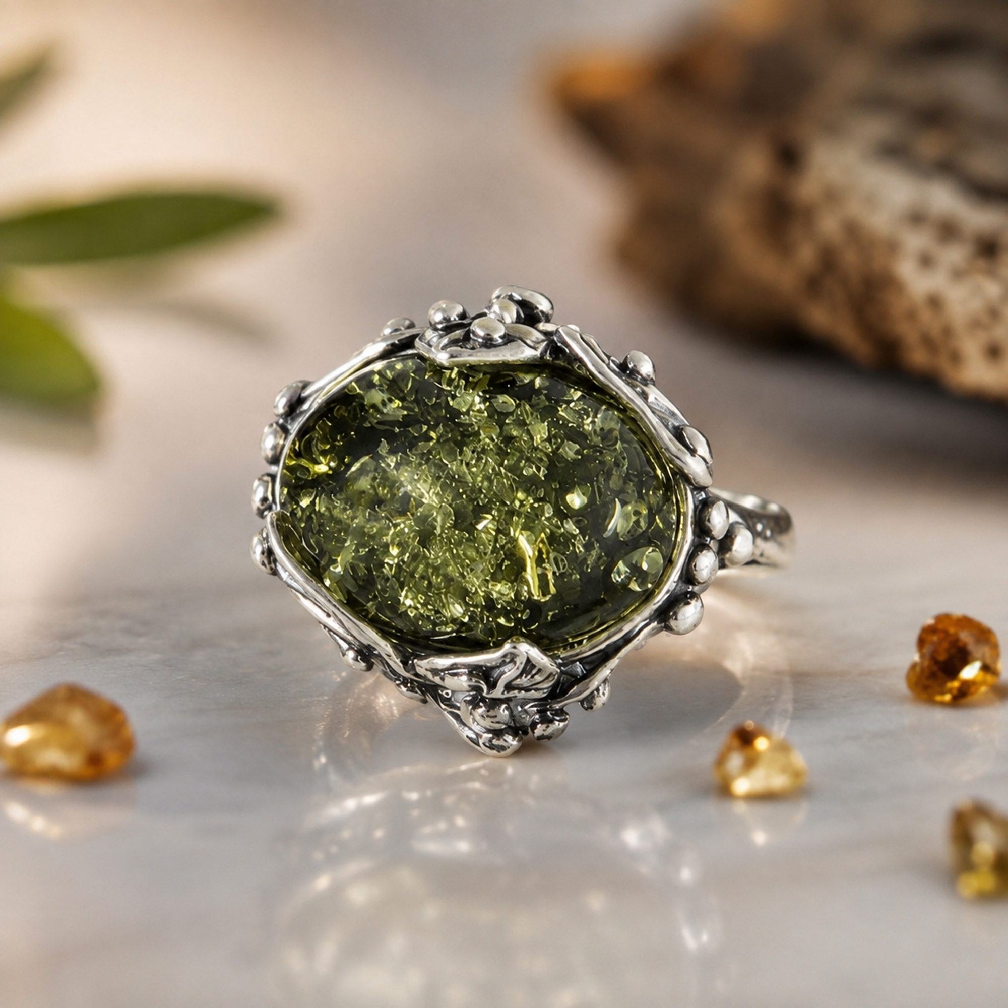 Large-Ring-Women-Green-Baltic-Amber-Gemstone-Chunky-Rings-with-Green-Stone Large Green Baltic Amber Ring Silver, Natural Gemstone Stone Rings for Women Wife Mother, Vintage Chunky Amber Jewellery