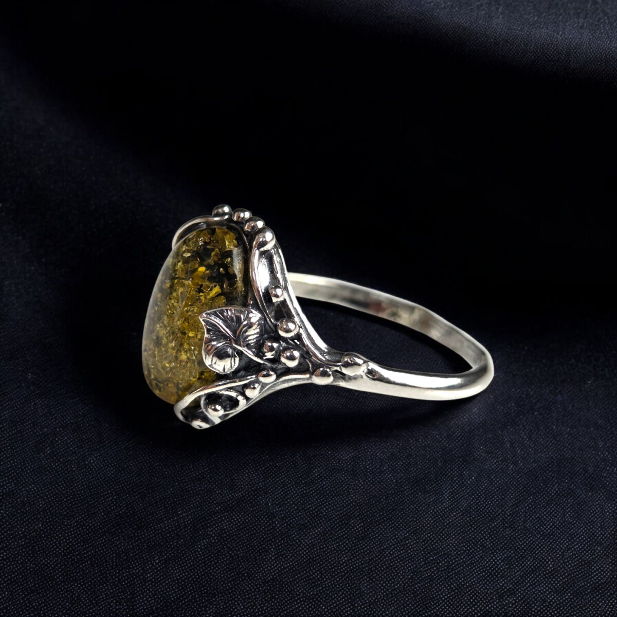 Large Green Baltic Amber Ring Silver, Gemstone Green Stone Rings for Women Wife Mother, Vintage Chunky Amber Jewellery