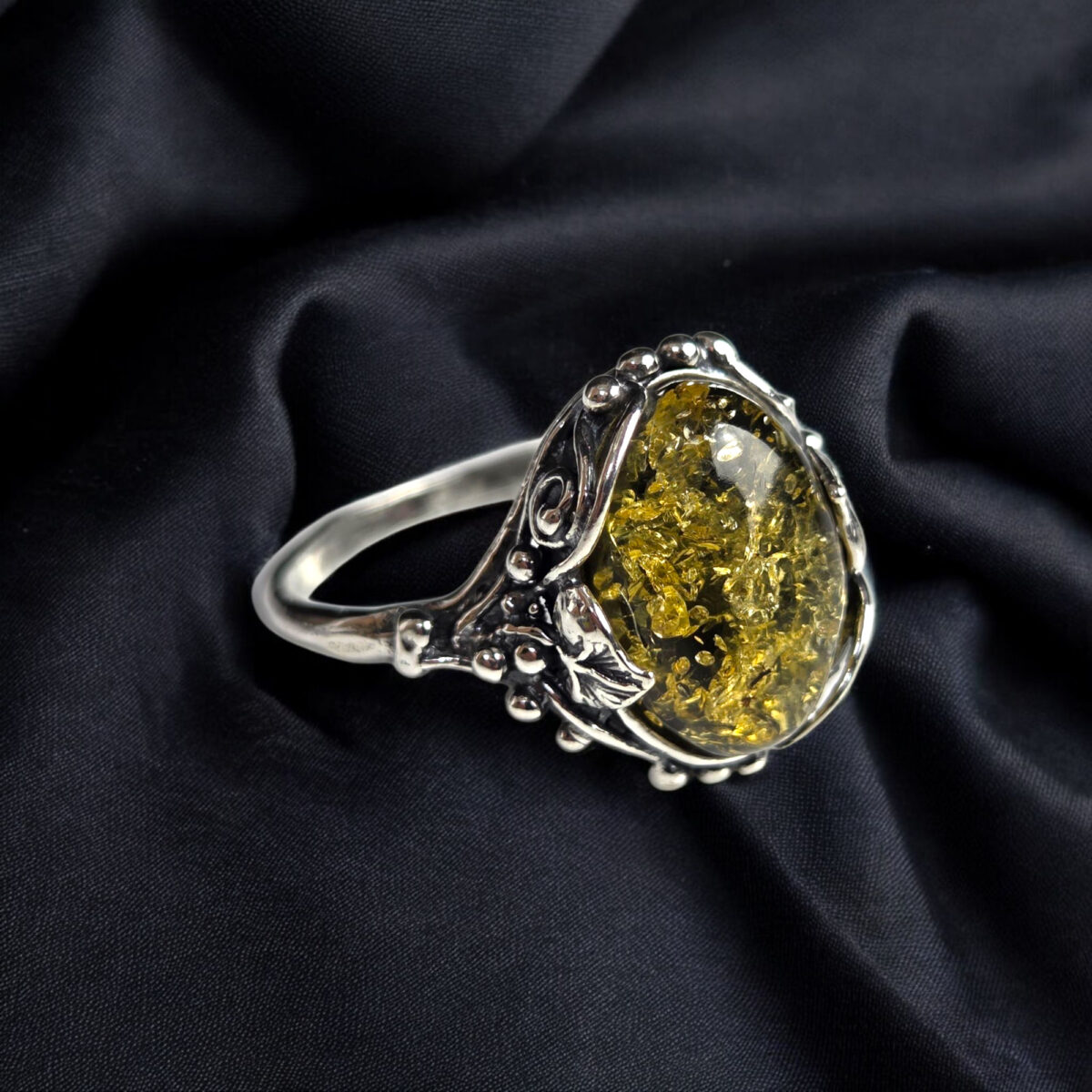 Green Amber Silver Floral Ring - Image 3