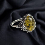 Green Amber Silver Floral Ring - Image 3
