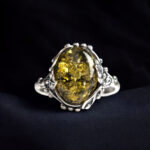 Large Green Baltic Amber Ring Silver, Gemstone Green Stone Rings for Women Wife Mother, Vintage Chunky Amber Jewellery