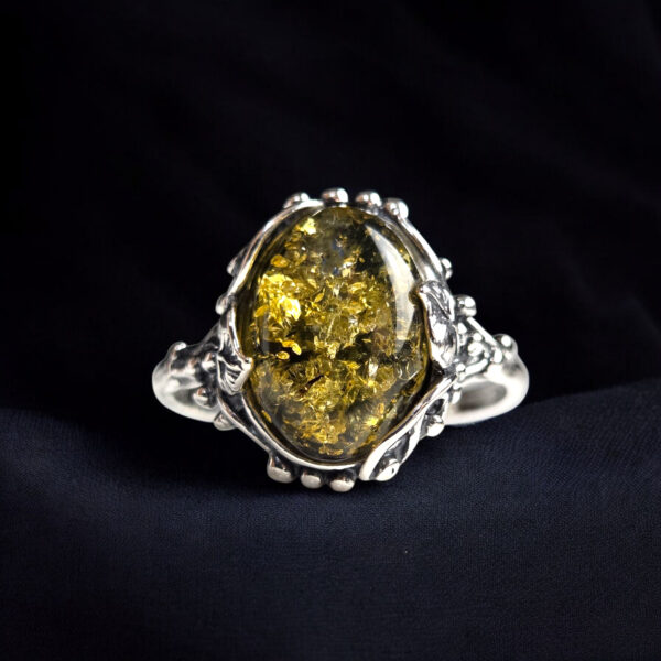Large Green Baltic Amber Ring Silver, Gemstone Green Stone Rings for Women Wife Mother, Vintage Chunky Amber Jewellery