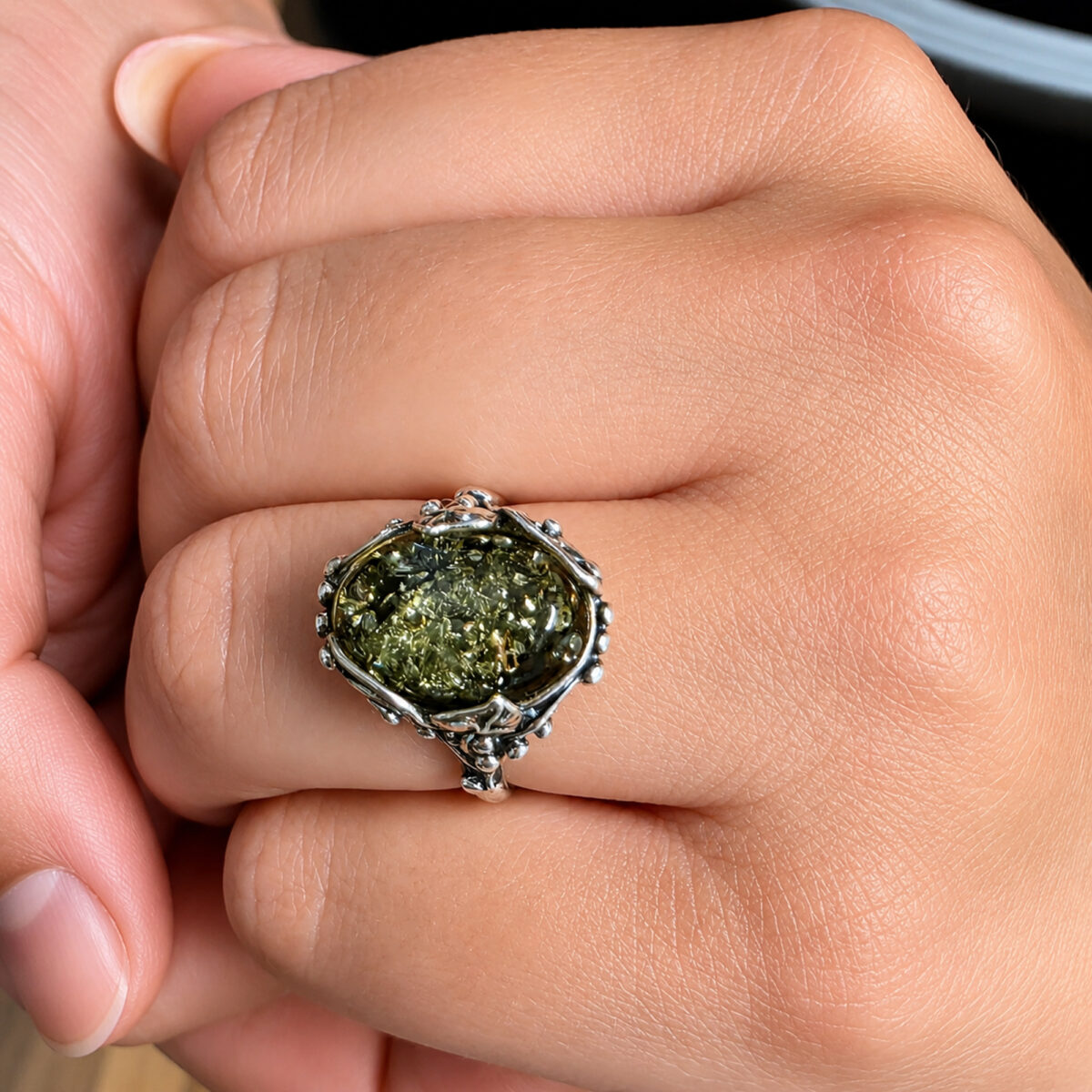 Green Amber Silver Leaf Ring - Image 2