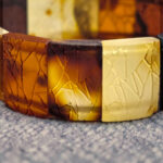 Engraved Natural Baltic Amber Bangle Bracelet Women, Multicolour Large Wide Gemstone Crystal Elastic Eco Cuff Chunky Bracelets