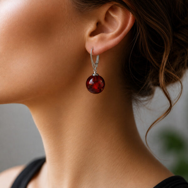 Burgundy Red Cherry Baltic Amber Silver Drop Round Earrings Women, Gemstone Dainty Natural Amber Small Ball Sphere Teardrop Everyday Jewelry