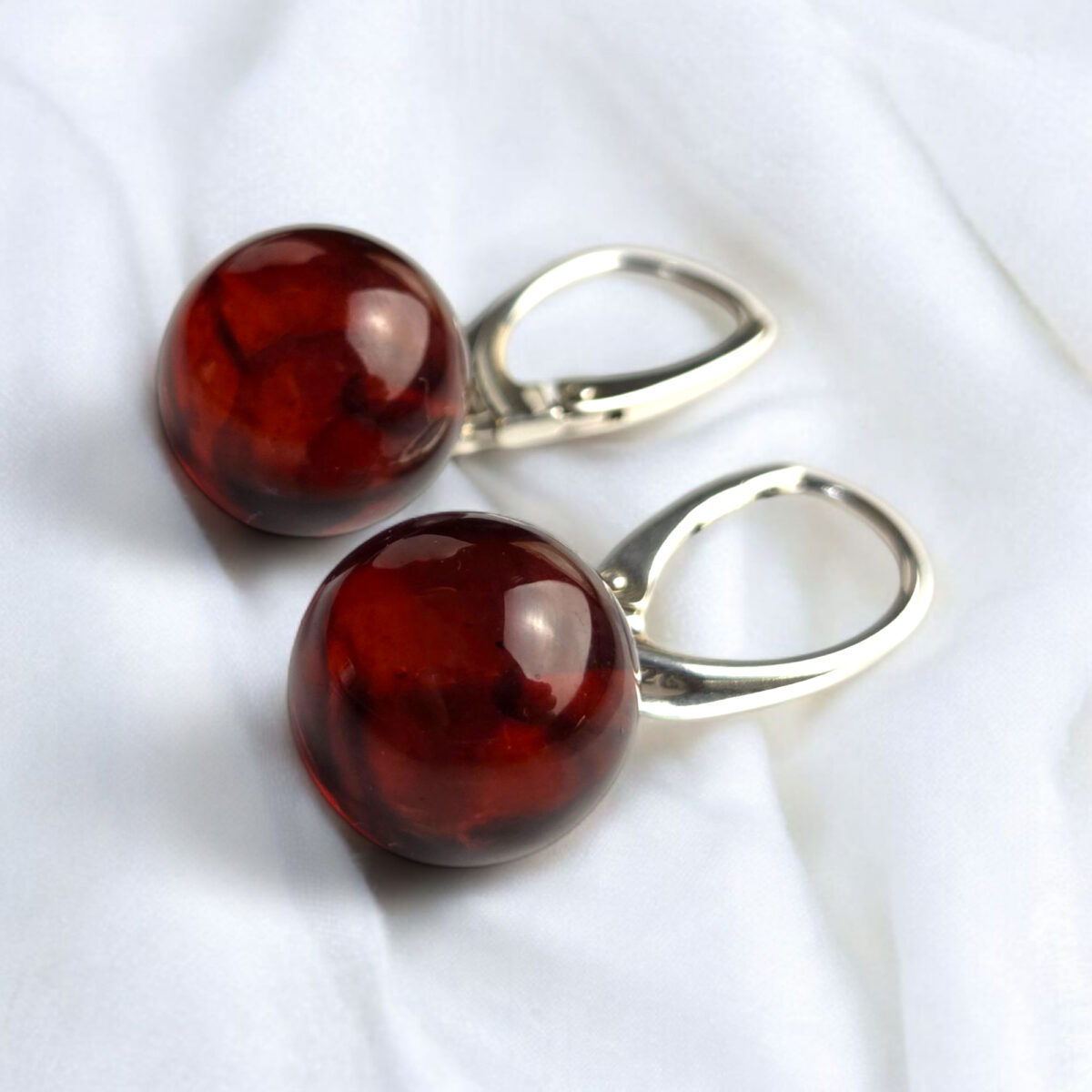 Burgundy Red Cherry Baltic Amber Silver Drop Round Earrings Women, Gemstone Dainty Natural Amber Small Ball Sphere Teardrop Everyday Jewelry