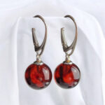 Burgundy Red Cherry Baltic Amber Silver Drop Round Earrings Women, Gemstone Dainty Natural Amber Small Ball Sphere Teardrop Everyday Jewelry