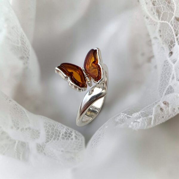 Adjustable Honey Baltic Amber Butterfly Ring Sterling Silver, Small Gemstone Butterfly Lover Jewellery Girls