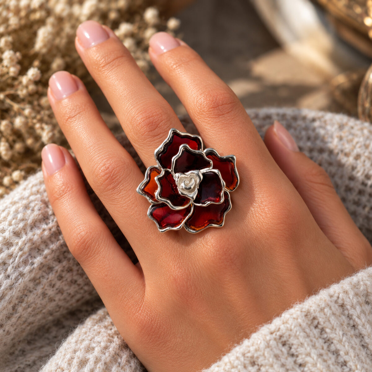 Adjustable Large Sterling Silver Rose Flower Honey Baltic Amber Ring Women Wife Mother, Chunky Gemstone Crystal Natural Stone Rings