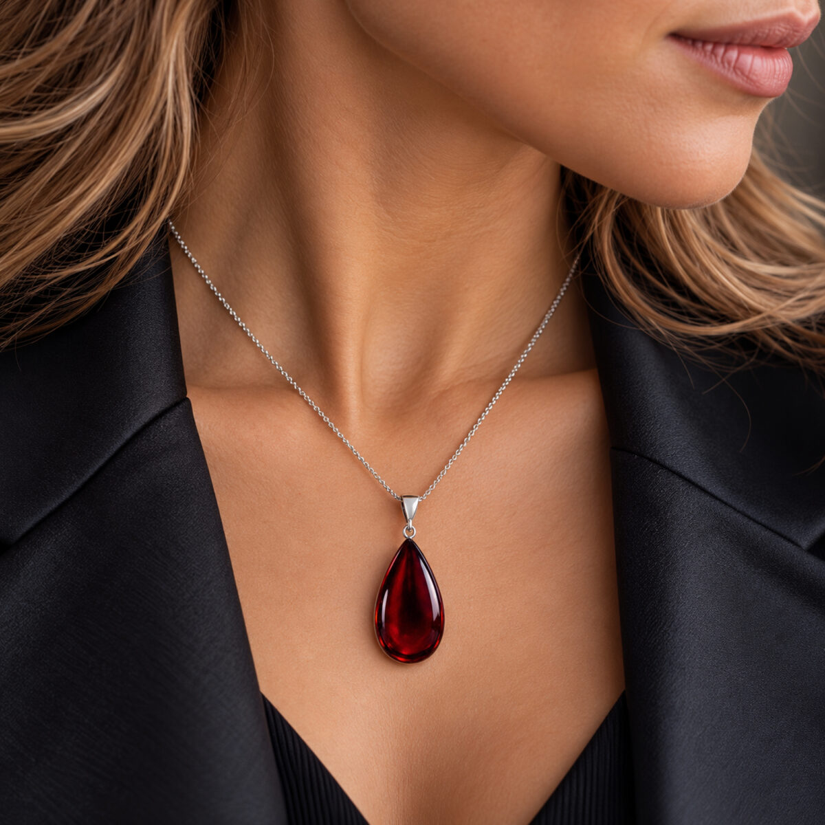 LARGE Natural Cherry Baltic Amber Teardrop Pendant Silver, Classic Drop Chunky Real Amber Big Gemstone Jewellery Gifts Women