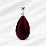 LARGE Natural Cherry Baltic Amber Teardrop Pendant Silver, Classic Drop Chunky Real Amber Big Gemstone Jewellery Gifts Women