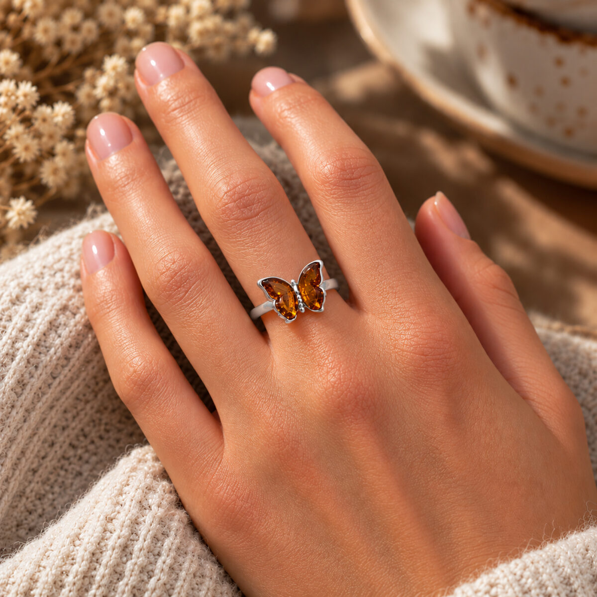 Adjustable Amber Butterfly Ring Silver - Image 2